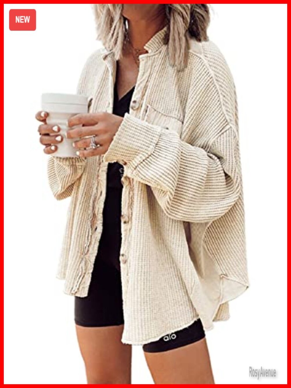 Oversized Waffle Knit Button Down Shacket Long Sleeve Shirt
